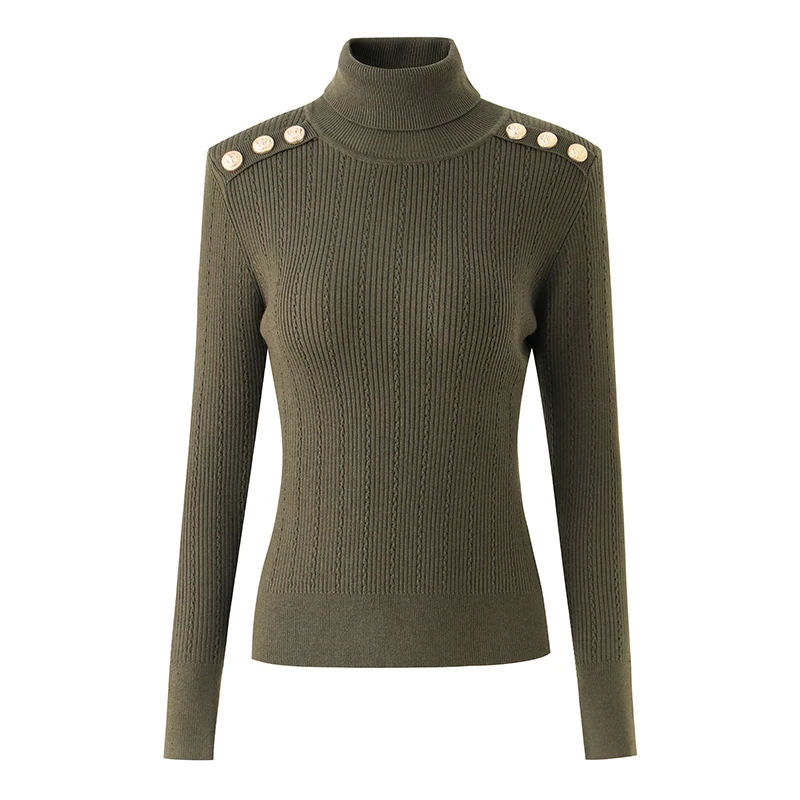 

2022 Luxury Designer Wool Blend Luxury Turtleneck Women's Sweater Army Green Warm Winter Padder Shoulder Casual Knitted Tops