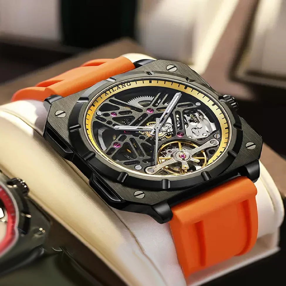 

AILANG 2023 новый дизайн полые серии Силиконовый ремешок автоматические часы мужские водонепроницаемые скелетоны турбийон механические часы д...