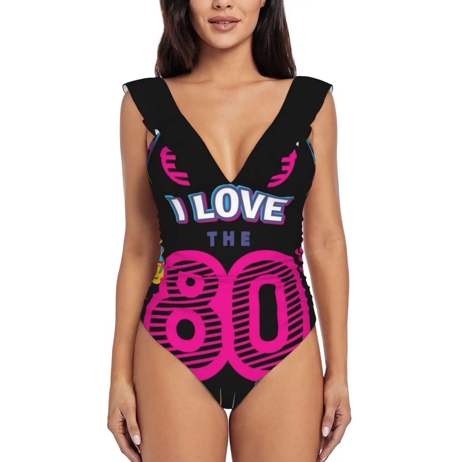 

Женский купальник в стиле ретро I Love The 80S, купальник-монокини с оборками, пляжная одежда, купальные костюмы в стиле ретро 80-х годов