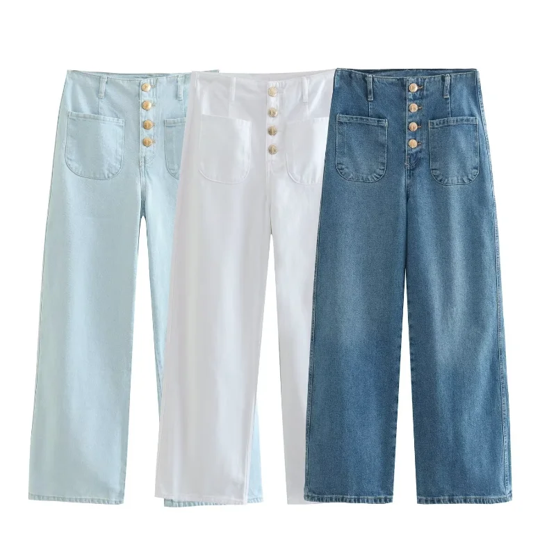 Bmissingyou Fashion Women Button High Waist Denim Jeans Washed Y2k Straight Pants With Pockets Wide Leg Trousers Loose Fit