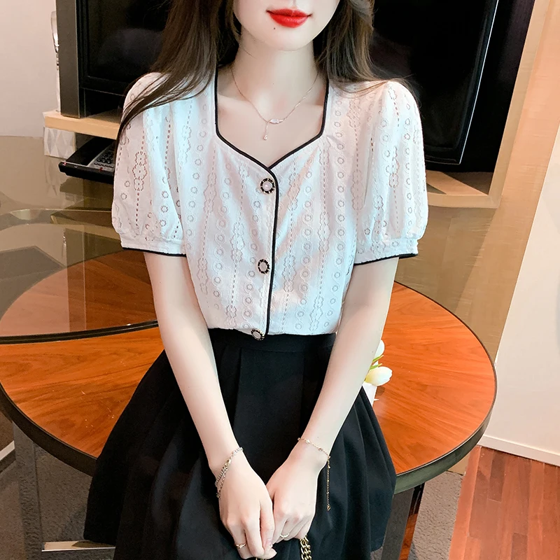 

Summer Women Short Sleeve Contrast Hollow Square Neck Bubble Sleeve Shirt Women Tops Blouse Vetement Femme Chic Elegant C700