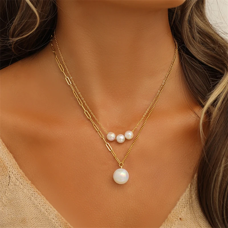 

WeSparking EMO Pearl Drop Gold Plated Multi Layer Stainless Steel Chains Necklaces With Pearl Charm Free Shipping Jewelry