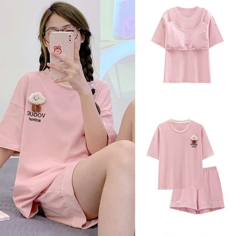 

Pajamas Women Summer Pure Cotton Short-sleeved Shorts Small Fresh with Chestpad Can Be Worn Outside Home Service with Round Neck