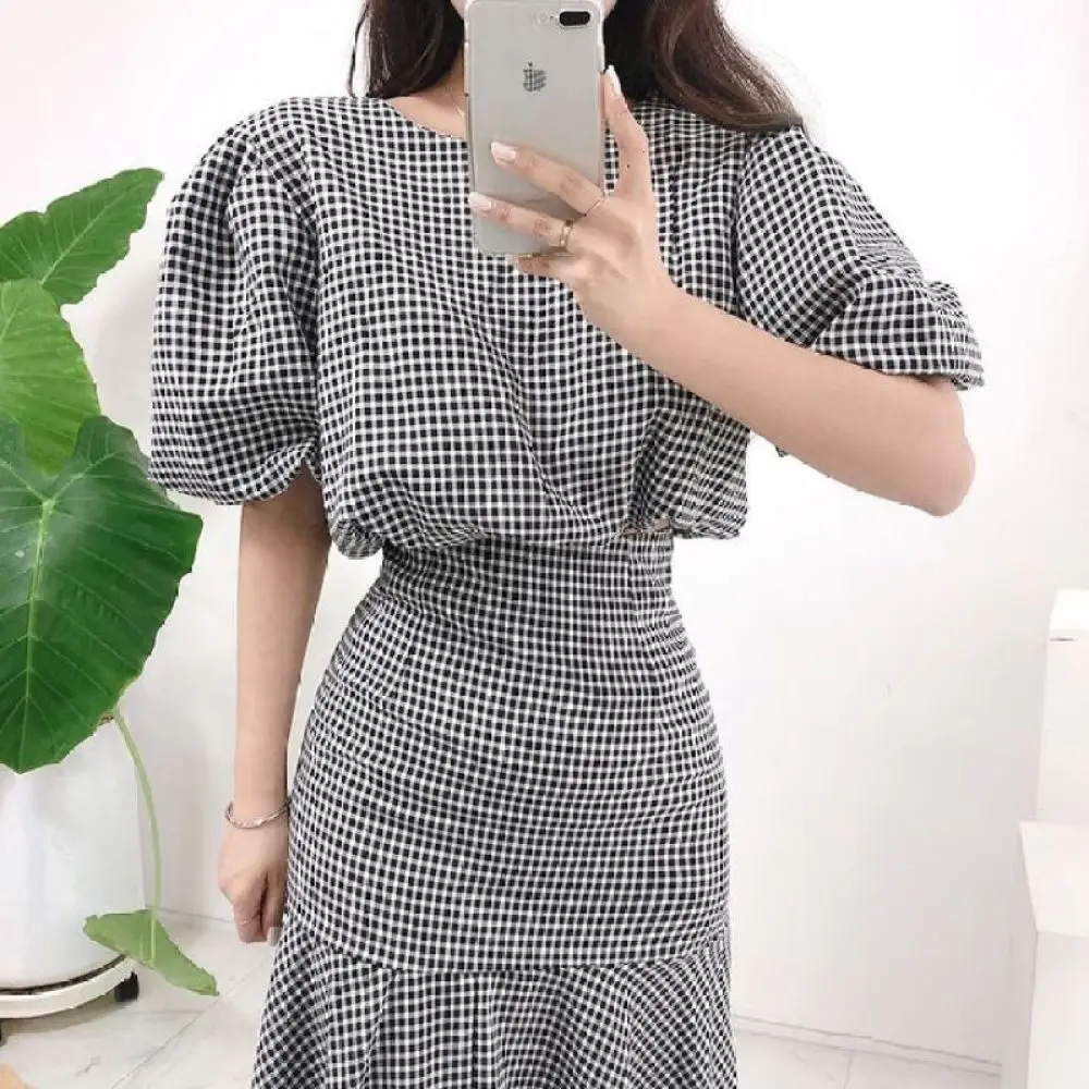 Женский элегантный клетчатый комплект из 2 предметов короткий топ с пышными