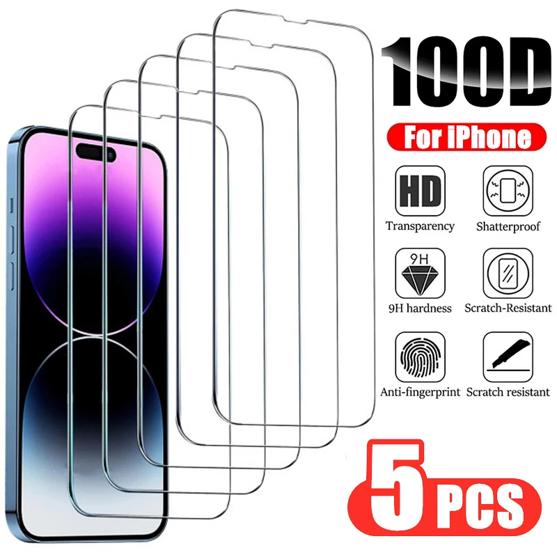 5Pcs Tempered Glass for IPhone 14 13 12 11 Pro Max Screen Protector for IPhone 12Mini 13Mini 7 8 14 Plus SE X XS XR 14Pro Glass