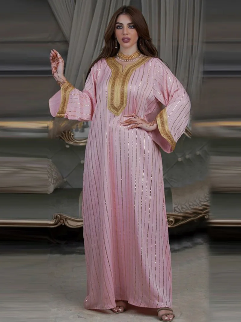Moroccan Jalabiya Chic Striped Gold Stamping Arab Evening Dress Rhinestone Tape Trim O Neck Long Sleeve Kaftan Gulf Abayas Pink