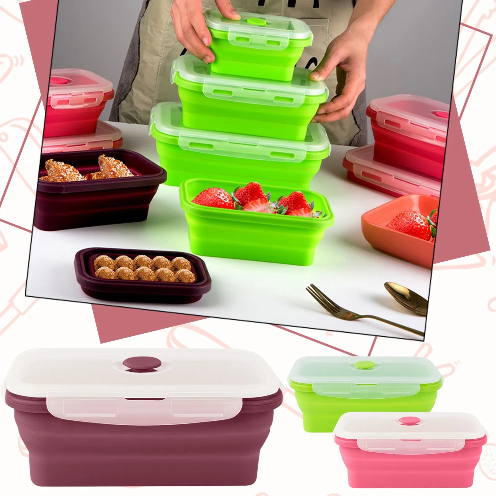 

Silicone Collapsible Lunch Box Food Storage Container Outdoor Travel Picnic Lunch Box Microwavable Thermal Insulation Leakproof