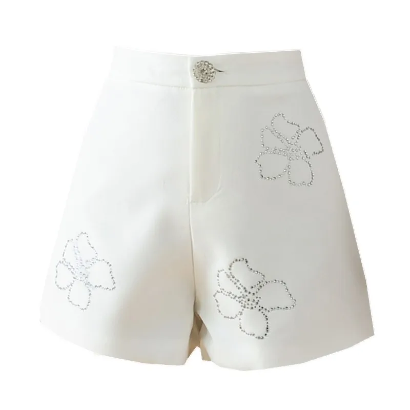 Summer Autumn New Sweet Girls High Waist Rhinestones Wide Leg Women Shorts Ladies A-Line Floral Short Pants