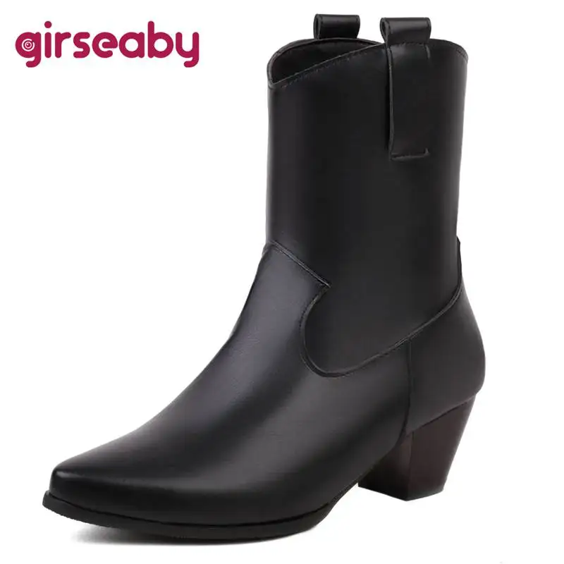 

Girseaby 2022 Womens Western Boots 18cm Pointed Toe Block Heels 5cm Slip-on Large Size 34-47 Solid Concise Ladies Shoes S4246