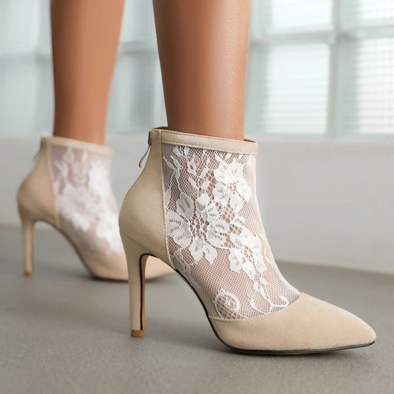 

Plus Size Lace Flower Patchwork Flock Breathable Short Boots Super High Thin Heel Pointed Back Zipper Sock Boots Mesh Ankle Boot