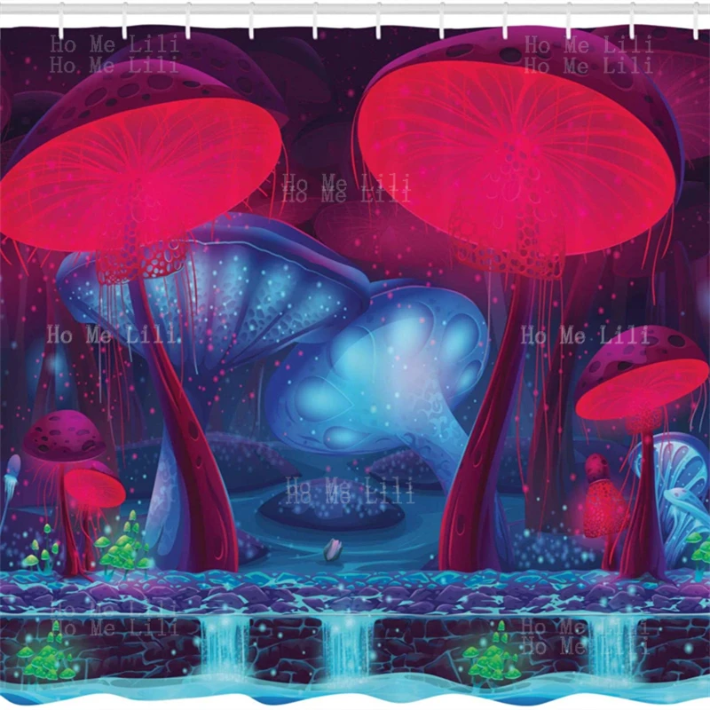 

Shower Curtain Magic Mushrooms With Vibrant Neon Design Graphic Image Enchanted Forest Theme Print Cloth Fabric Bathroom Decor