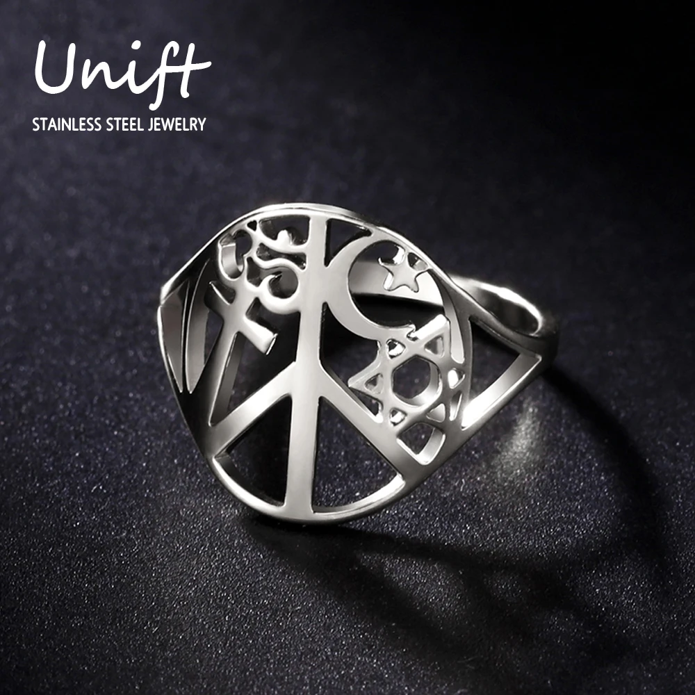 Unift Islam Judaism Hinduism Christian Peace Symbol Stainless Steel Rings for Women Men Religious Faith Jewelry Friendship Gift