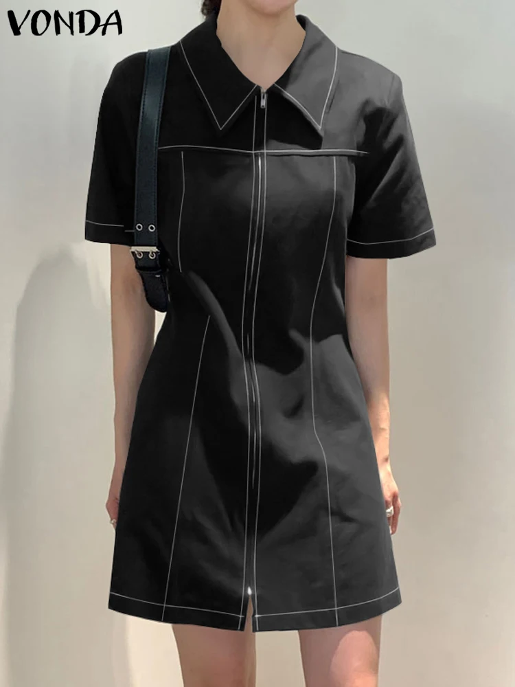 

Элегантное женское платье с коротким рукавом, яркое платье VONDA 2023, Летний Мини-сарафан, соблазнительный однотонный Повседневный свободный сарафан на молнии с отворотом, платье