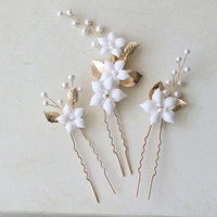 slbridal handmade alloy leaf ceramic flower pearls bridal hair pins set wedding hair sticker hair accessories women hair jewelry