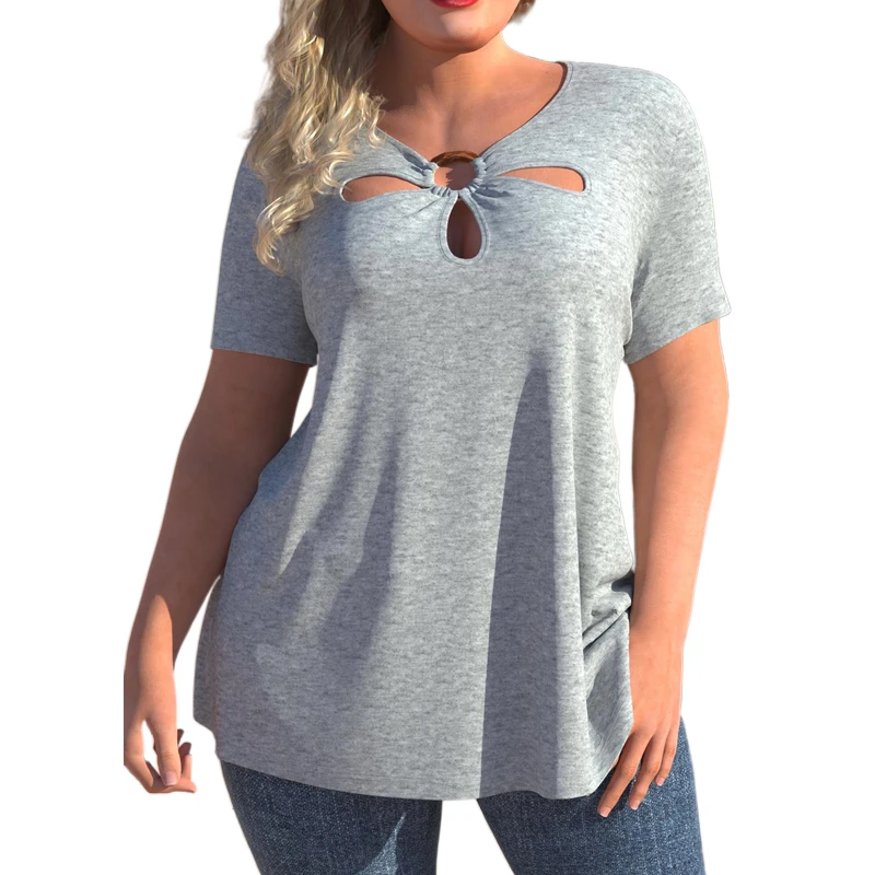 2022 Summer Plus Size Women's Cut Out Loose T Shirt Hollow Out 3XL 4XL 5XL  Basic Vintage Oversized Peplum Tops Daily Wear Tops