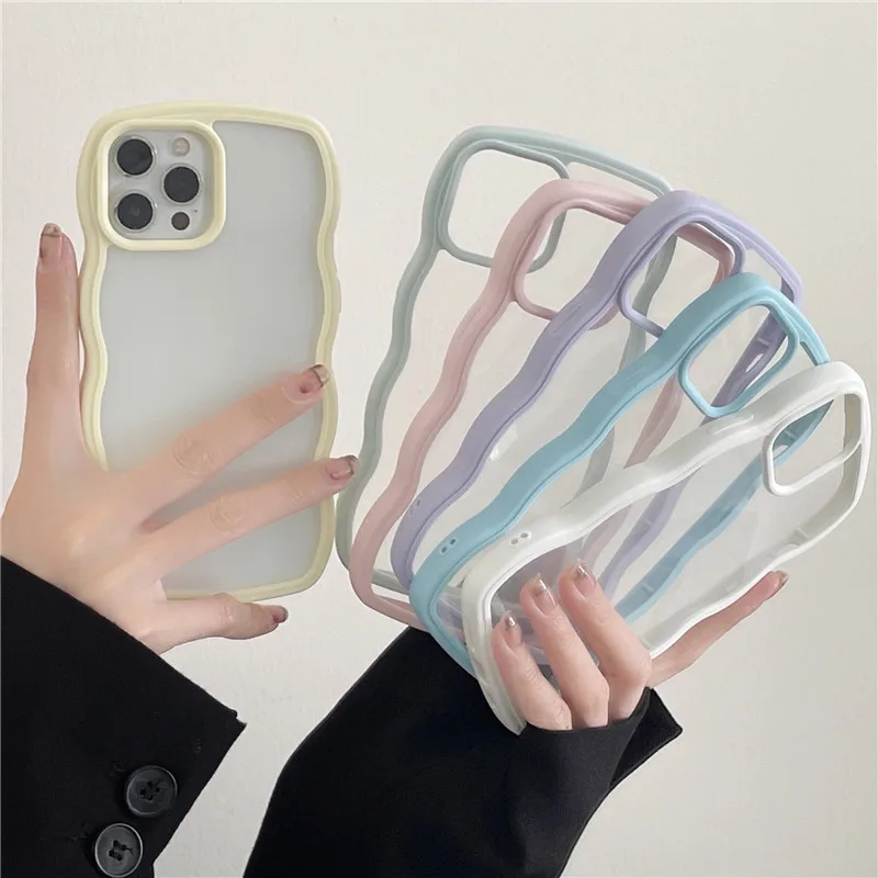 

Transparent Curly Wave Phone Case For iPhone 13 11 12 Pro Max X XR XS Max 7 8 Plus SE 2020 Shockproof Clear Soft Bumper Cover