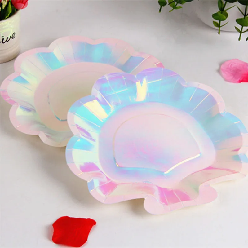 

6 Pieces Iridescent Sparkle Shell Paper Plates Party Dish Tableware 8" Mermaid Festival For Baby Shower Wedding Party Supplies