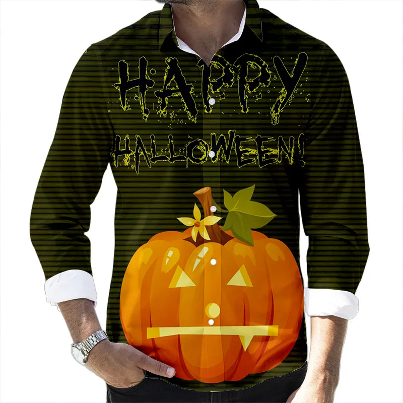 

Happy Halloween Disney Hot Sale Mickey Goofy Men's Casual Shirt Ghost Print Spider Web Fall Pumpkin Long Sleeve Lapel Shirt