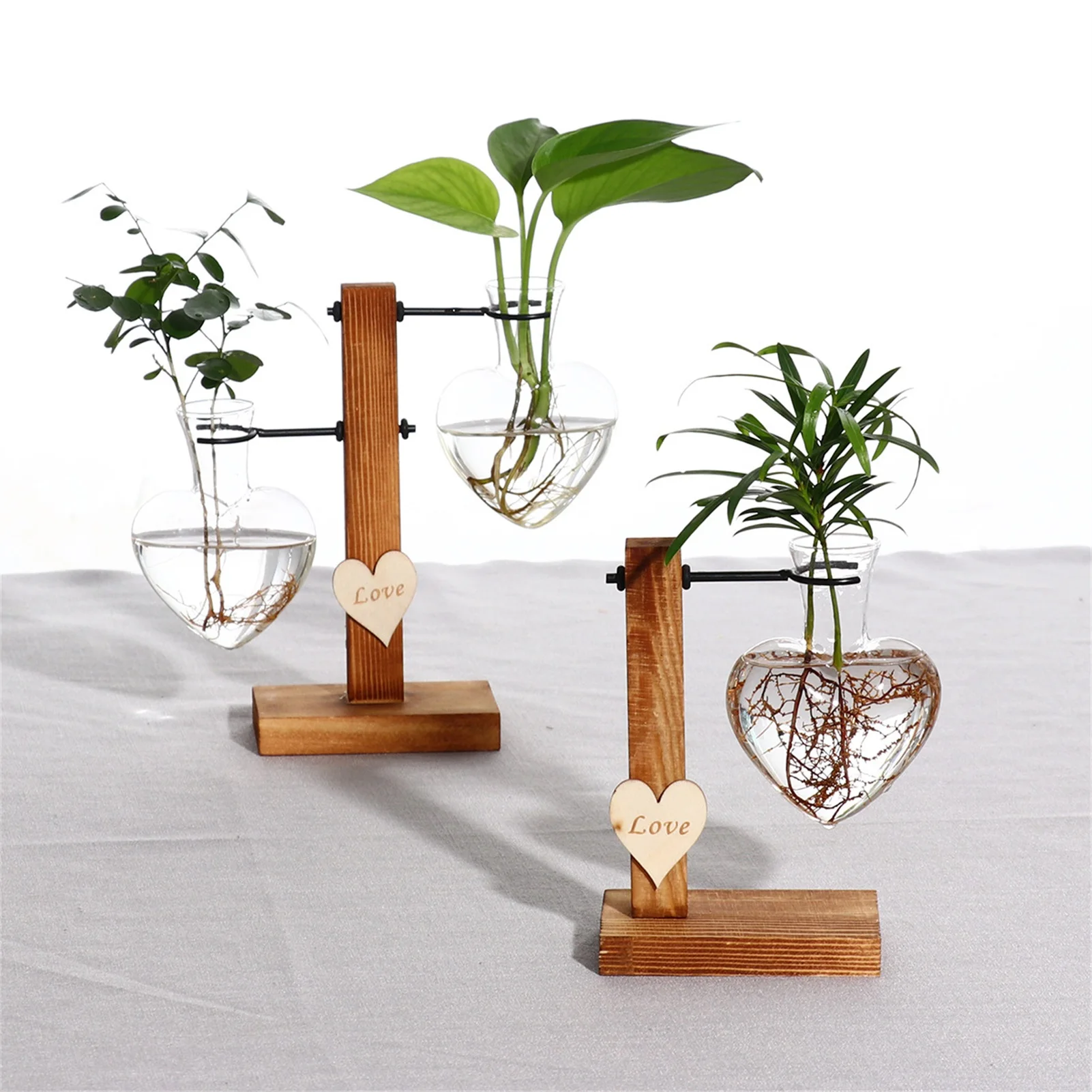 

Glass Planter Hydroponics Vase Hydroponic Vases Plant Terrarium Heart Glass Vase With Retro Solid Wooden Stand For Home Office W
