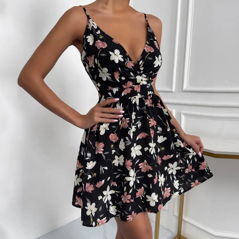 

Beach Dress A-line Flower Print Spaghetti Strap V Neck Sleeveless Prom Dress Female Clothes