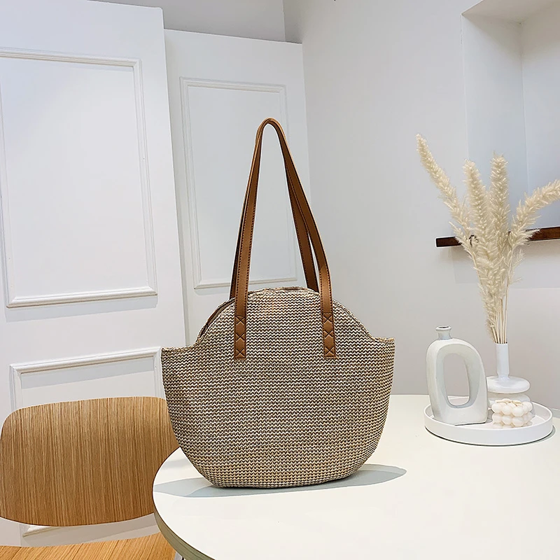 

Women's Hand-woven Straw Bag Summer Round Beach Bag Large Capacity Handmade Totes Female Travel Shoulder Handbag Bohemian 2022