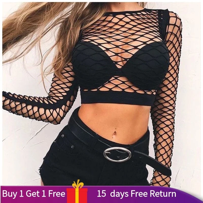 

Women's Tee T shirt Fishnet Mesh Crop Tops Pulovers Summer Long Sleeve Harajuku Blouses Stitch Gothic Sexy Tshirts Clothes