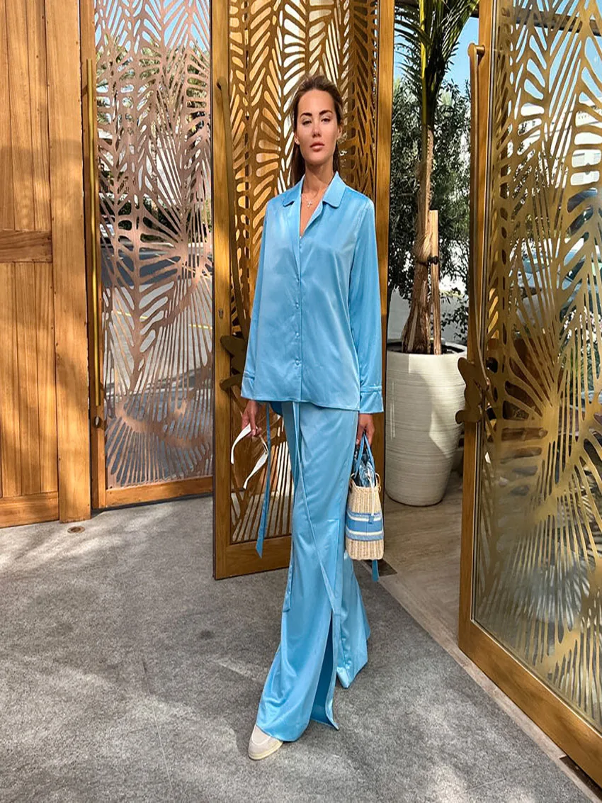 

Женский комплект из 2 предметов Sen Lan Yi Ya, элегантный зеленый Модный однобортный Топ с длинным рукавом и V-образным вырезом, повседневные брюки с разрезом