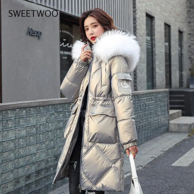 2022 Winter Down Padded Jacket Female Korean Long Overcoat Casual Adjustable Waist White Fur Collar Hooded Women Snow Coat Parka