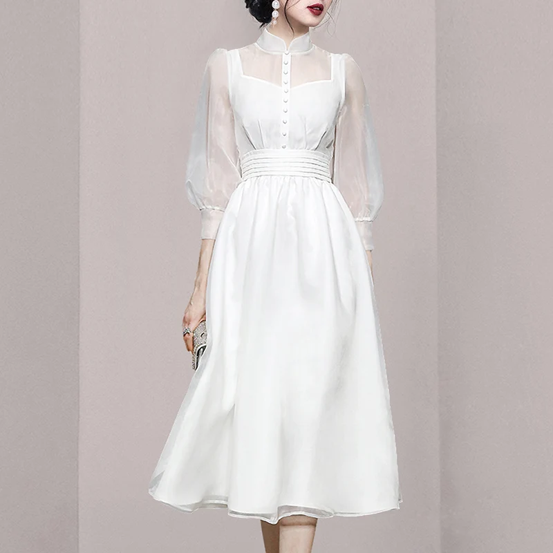 

JSXDHK Runway Designer Summer Women Ball Gown Dress Vintage White Stand Collar Mesh Patchwork Lantern Sleeve Slim Midi Vestidos