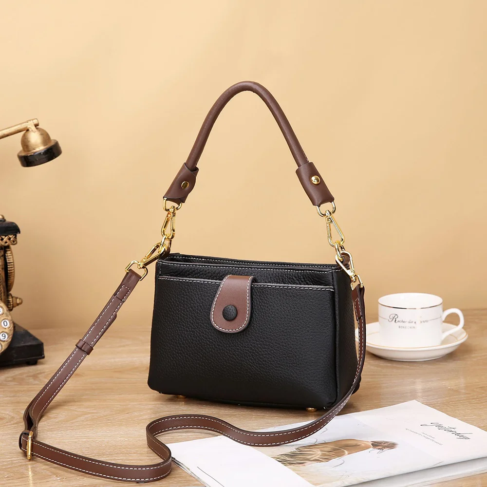 

New Two-tone Small Shoulder Bag Genuine Leather Women Handbags Purses Multi Compartment Zip Female Crossbody With Two Straps