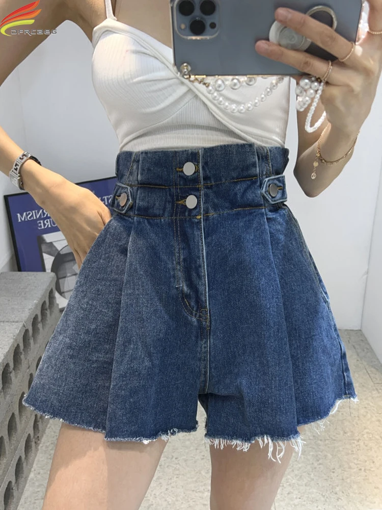 DFRCAEG 2023 Summer Denim Shorts For Women High Waist Stretch Blue Or Black Raw Edge Jeans Short With Pockets Wide Leg Pants