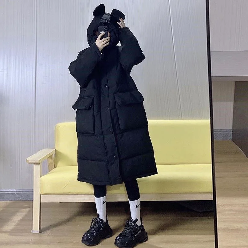 Female Students Sweet Korean Mid-length Thick Cotton-padded Jacket Kawaii College Style Cute Rabbit Ears Cotton-padded Jacket