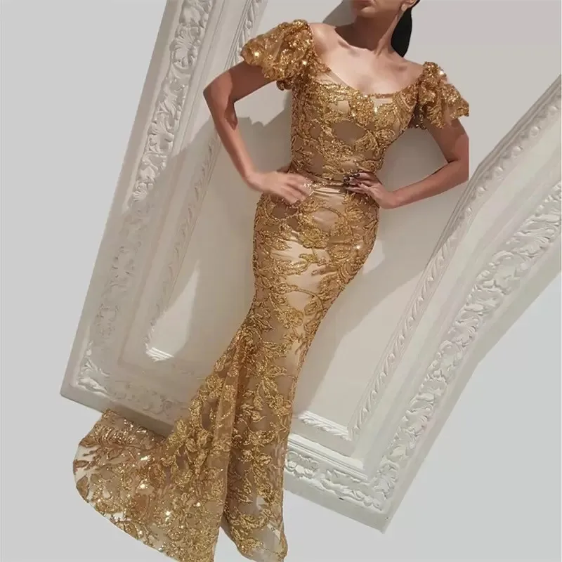 

Женское вечернее платье-русалка, длинное Тюлевое платье цвета шампанского с рукавами-крылышками и аппликацией, длинное платье для выпускно...