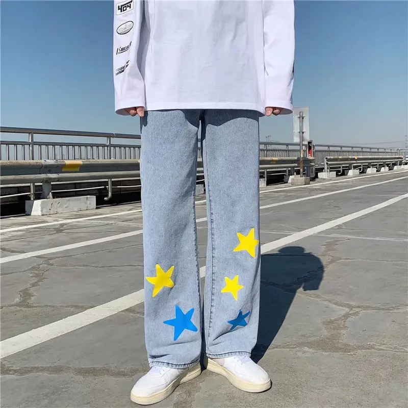 2022 New Fashion Star Print Straight Baggy Men Jeans Trousers Y2K Hip Hop Loose Korean Casual Denim Pants Luxury Pantalon Homme
