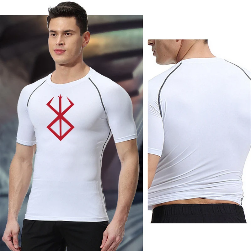 Anime Berserk Print Mens Compression Shirts Short Sleeve Gym Workout Fitness Undershirts Quick Dry Athletic T-Shirt Tees Tops