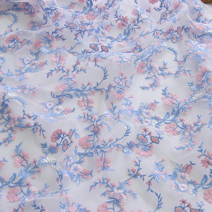 

Quality gauze fabric Aqua Blue embroidery tela Women's dress, children's clothing lace fabric