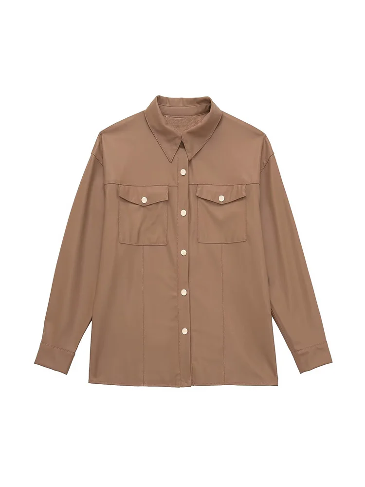 

BM&MD&ZA 2427872 Women 2022 New Fashion gold color breasted imitation leather Blouses coat Vintage Female Shirts Tops 2427/872