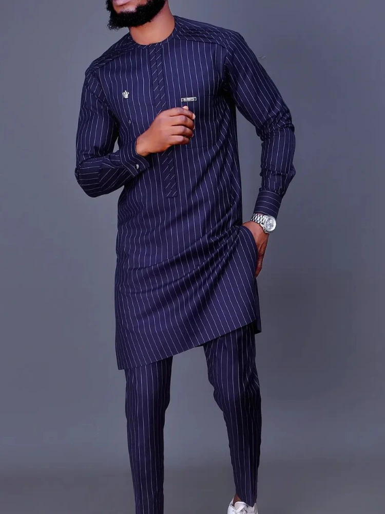 Ramadan Eid Muslim Fashion Men Suit Arabia Dubai Long Sleeve Kaftan Middle East Two Piece Sets Striped Print Islamic Clothing