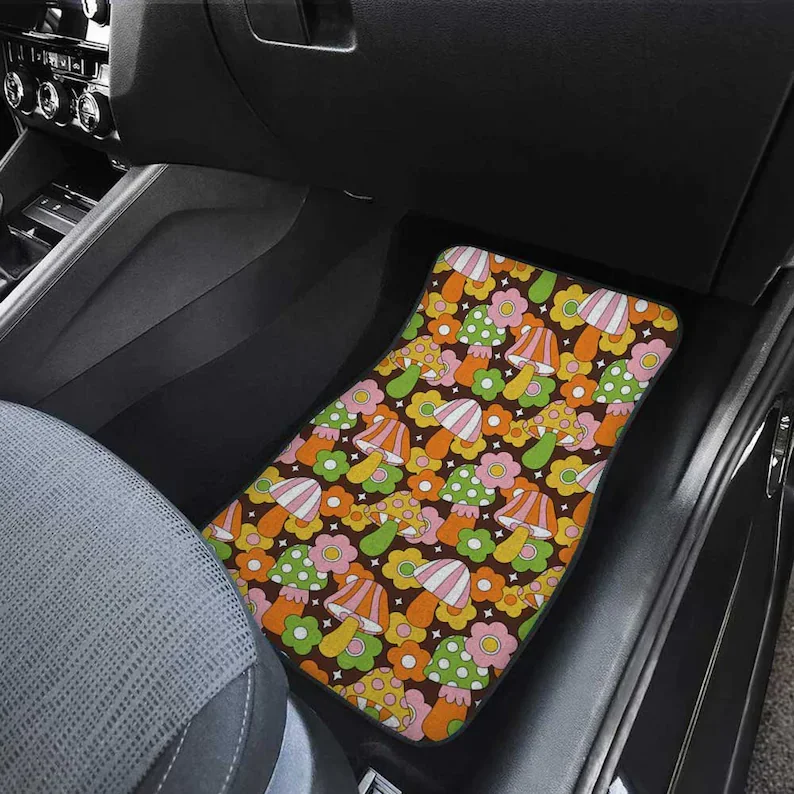 

Retro 70s Floral Groovy psychedelic magic mushroom car floor mat, Funky Cute vintage aesthetic car interior decor, women car acc