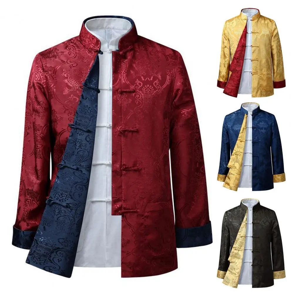 

Men Tang Suit Kung Fu Coat Retro Reversible Chinese Traditional Clothing Jacket Vintage Embroidery Dragon Shirt Hanfu Blouse Top