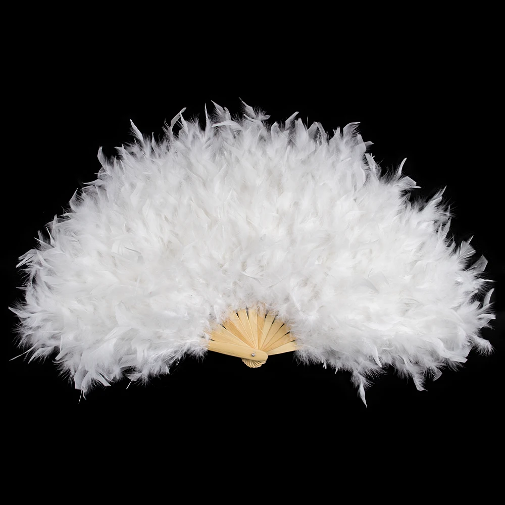 

White Turkey Feather Fans Fluffy 13 bones Plumage FAN With Bamboo Staves for Belly Dance Halloween Wedding Party Folding Fan