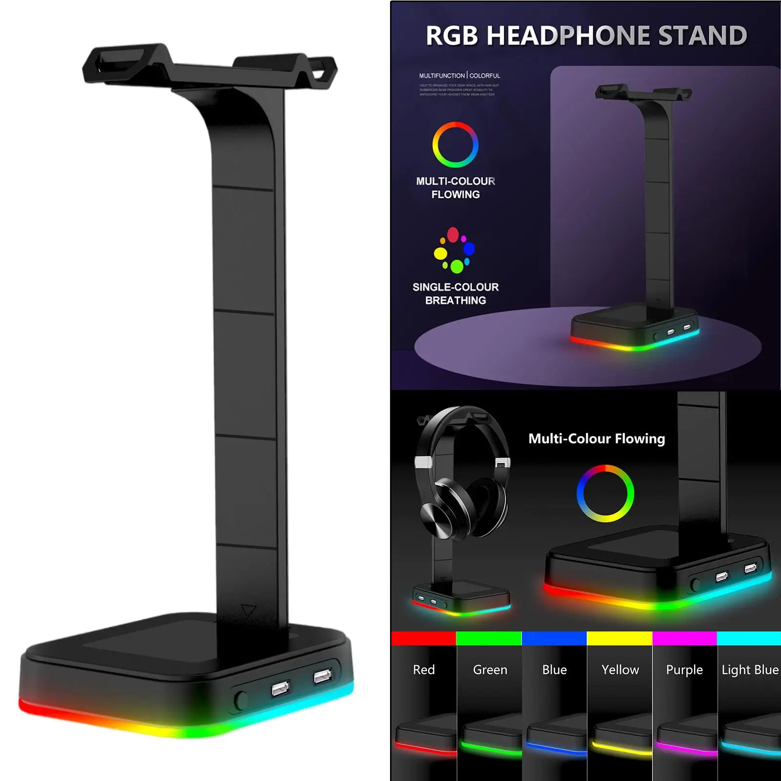 

RGB Gaming Headphone Stand Desk Dual Headset Hanger Base with 2 USB Ports for Desktop PC Game Earphone Accessories