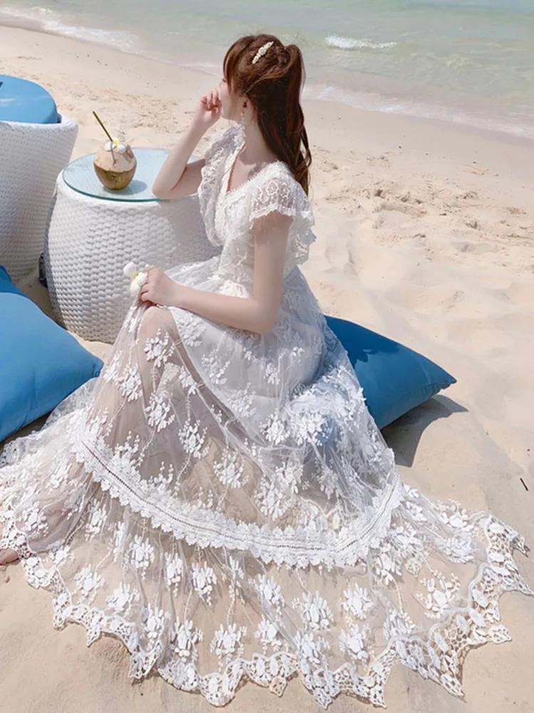 SMTHMA 2022 Новая мода Винтажный элегантный женский летний платье с оборками, вышивкой кружева, вырезом, средней длины, длинные платья Vestidos.