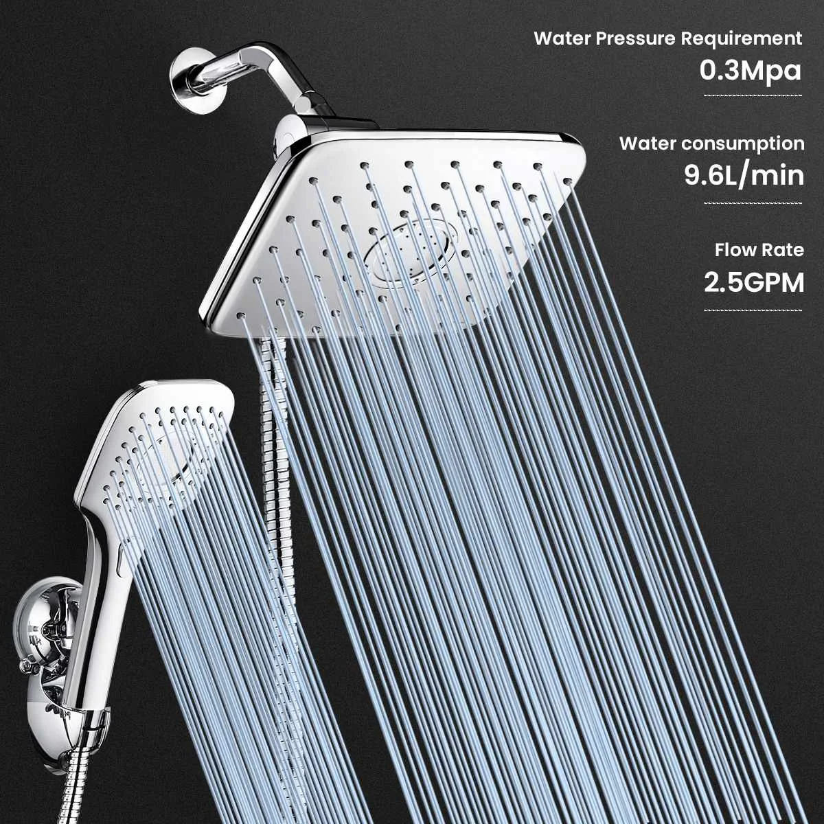 

5Pcs/Set Rainfall Shower Head Combo High Pressure Dual Shower Head Handheld Bath Shower Set 10 Inch Bathroom Square Shower Head