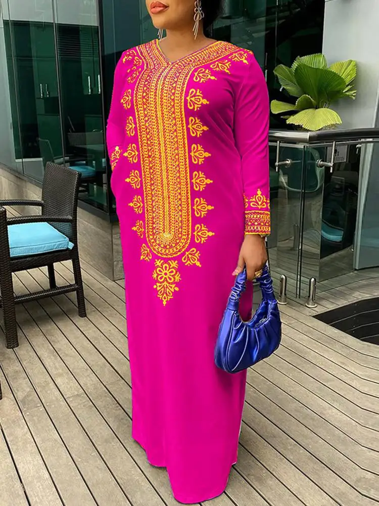 

Женское платье-макси с цветочным принтом, V-образным вырезом и длинным рукавом