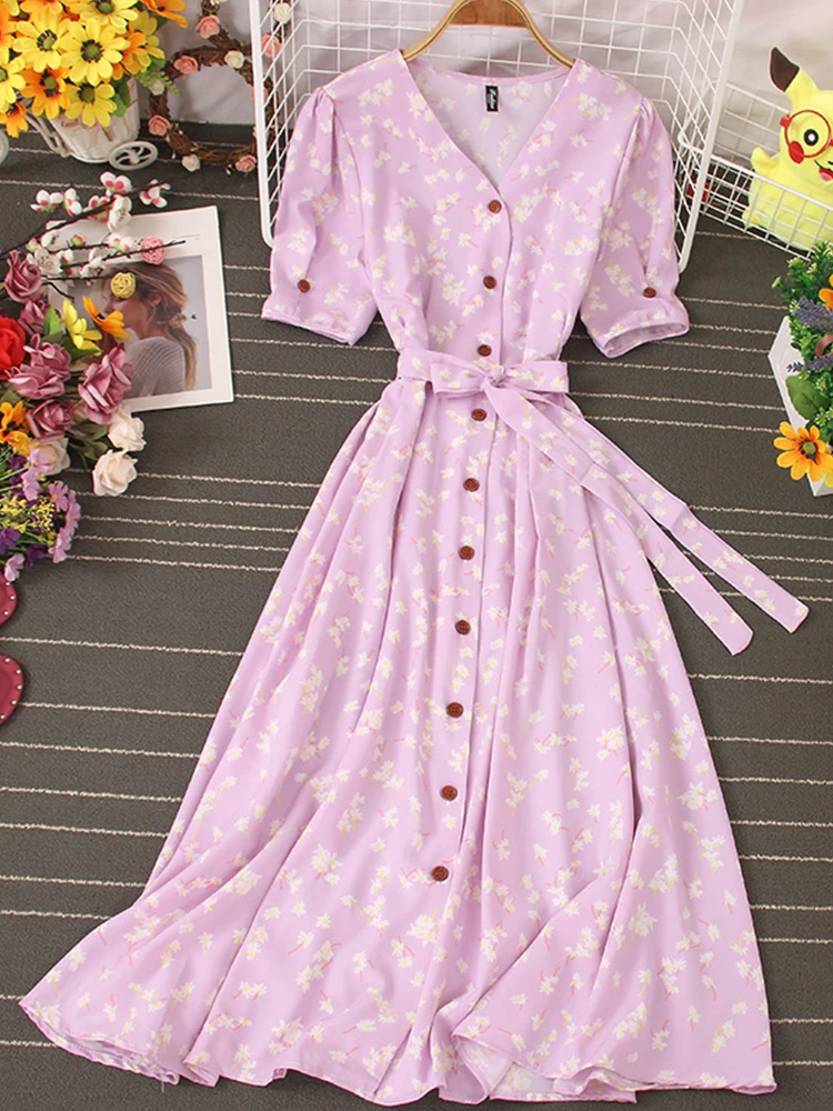 

Fitaylor New Casual Spring Autumn Floral Print Slim Short Lady Dress A Line V Neck Chiffon Single Breasted Women Dresses