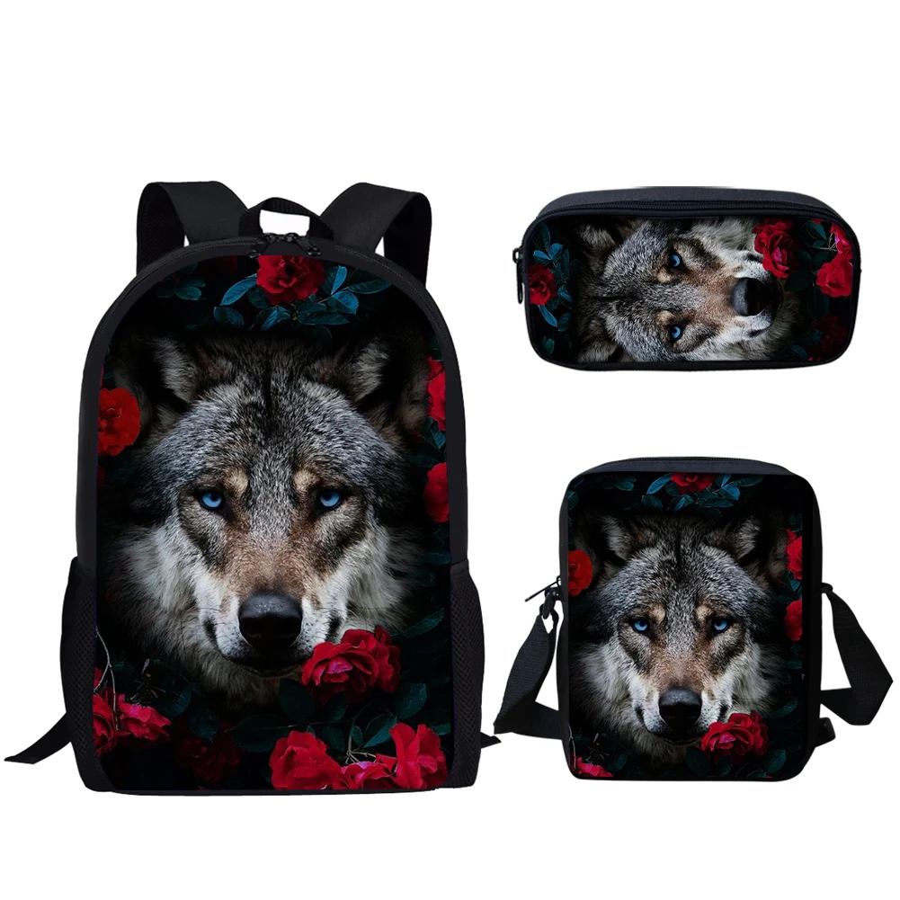 Belidome Rose Wolf Print 3Pcs School Bags Teen Boys Girls Lightweight Backpack for College Student Back to School Bookbags