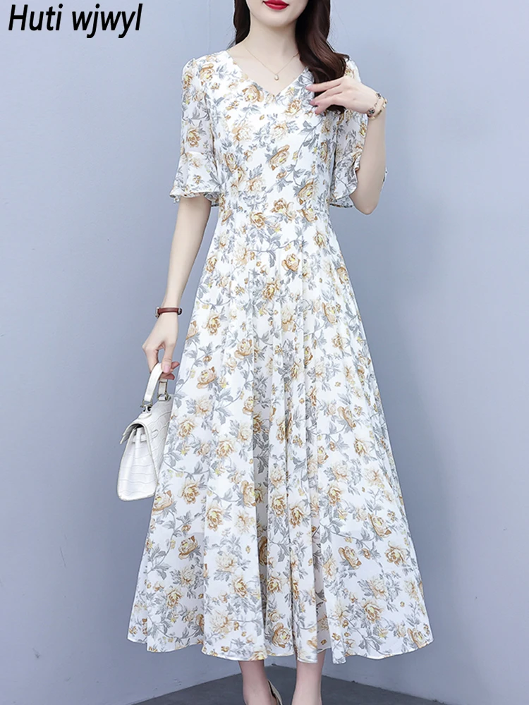 

Summer Floral Chiffon Boho Beach Holiday Long Dress Women Elegant Casual Party Midi Dress 2023 International Brand Evening Dress