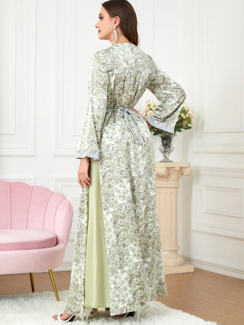 Abayas For Women Muslim Sets Floral Embroidery Guipure Lace Panel Belted Kaftan Split Hem Two Pieces Dress Dubai Turkey Arabic
