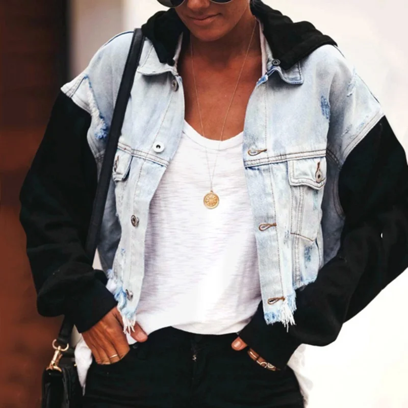 

Vintage Patchwork Denim Jackets Women Washed Blue Black Short Jean Coats 2022 Hooded High Street Casual Jacket Female Overcoat